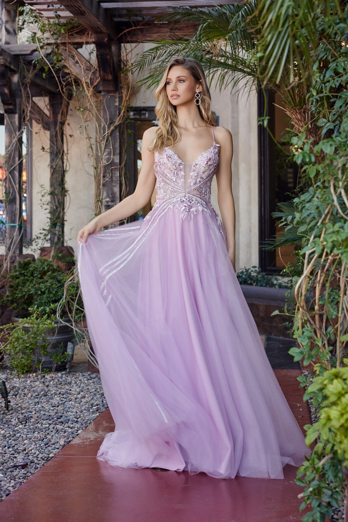Beaded Plunging Neck Tulle Gown with Lace-Up Back
