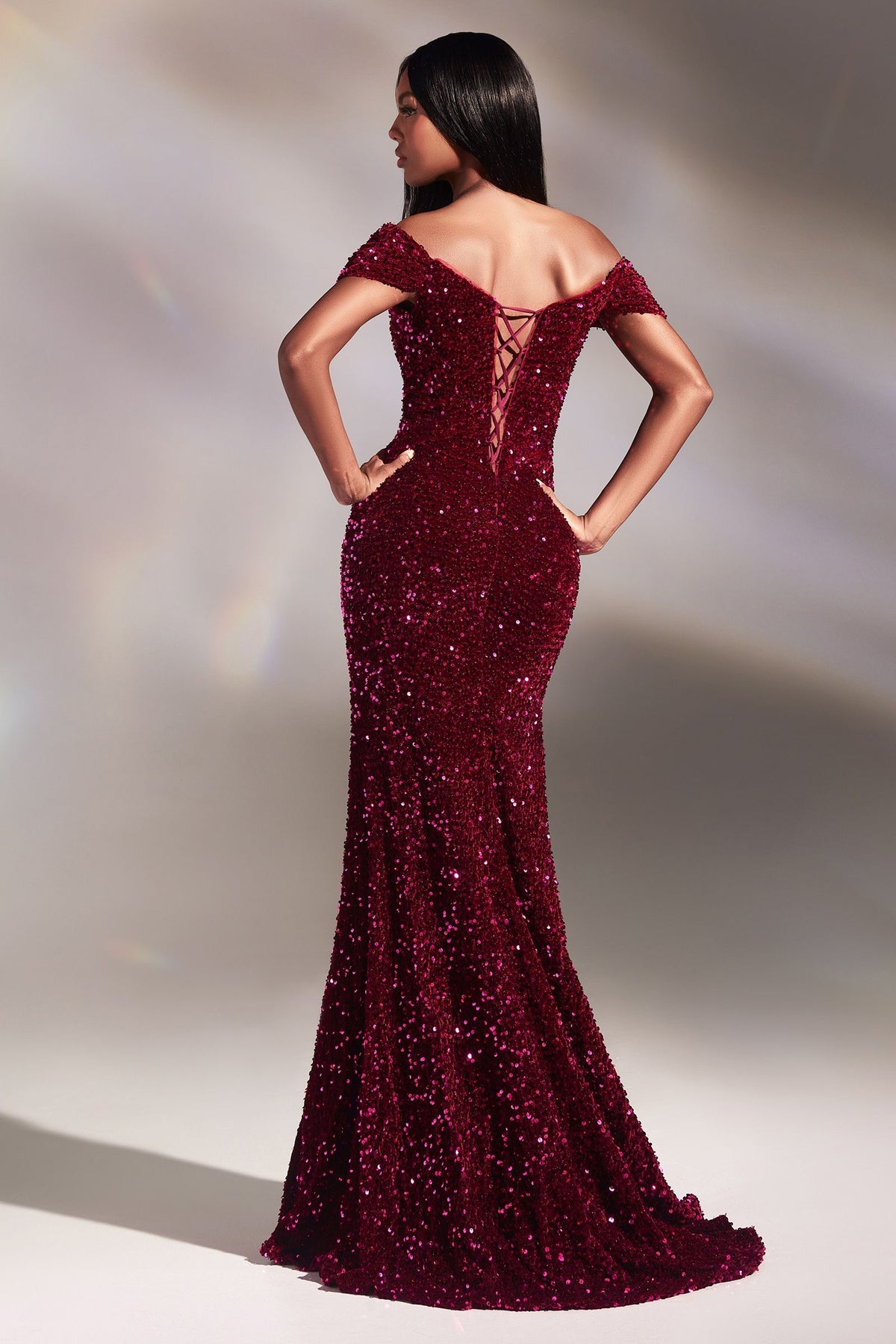 Velvet Sequin Off-Shoulder Trumpet Gown with Slit