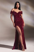 Velvet Sequin Off-Shoulder Trumpet Gown with Slit