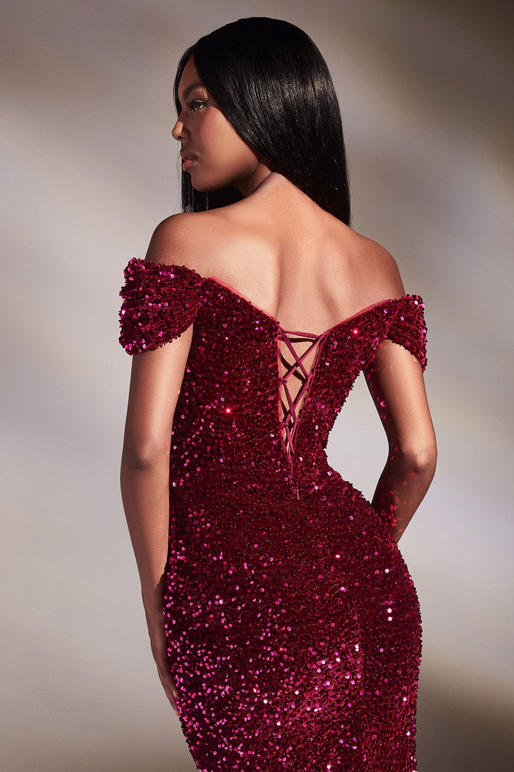 Velvet Sequin Off-Shoulder Trumpet Gown with Slit