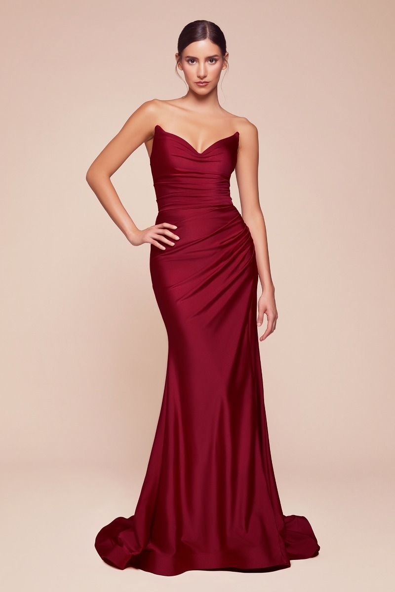 Strapless Satin Sheath Gown with Leg Slit