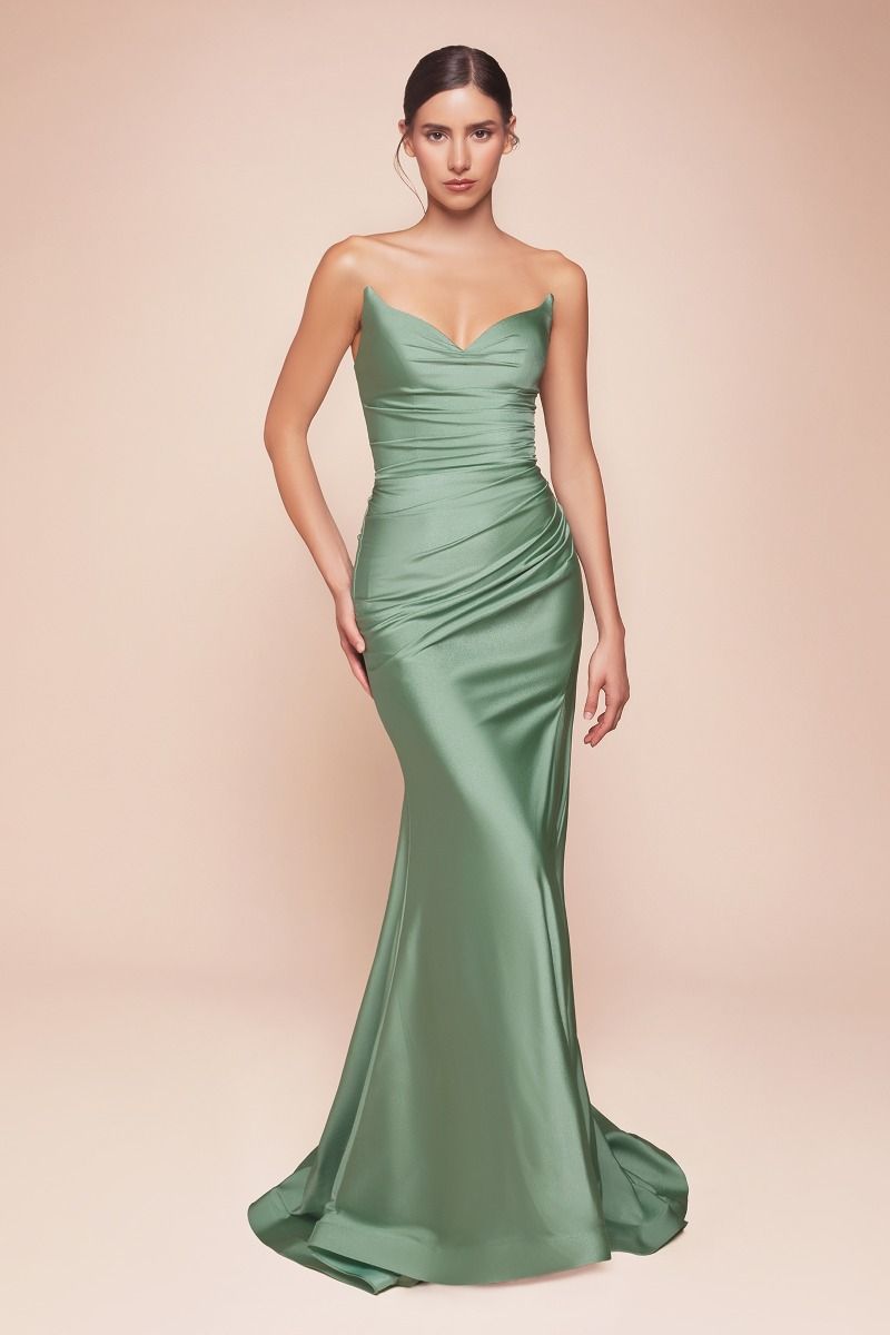 Strapless Satin Sheath Gown with Leg Slit