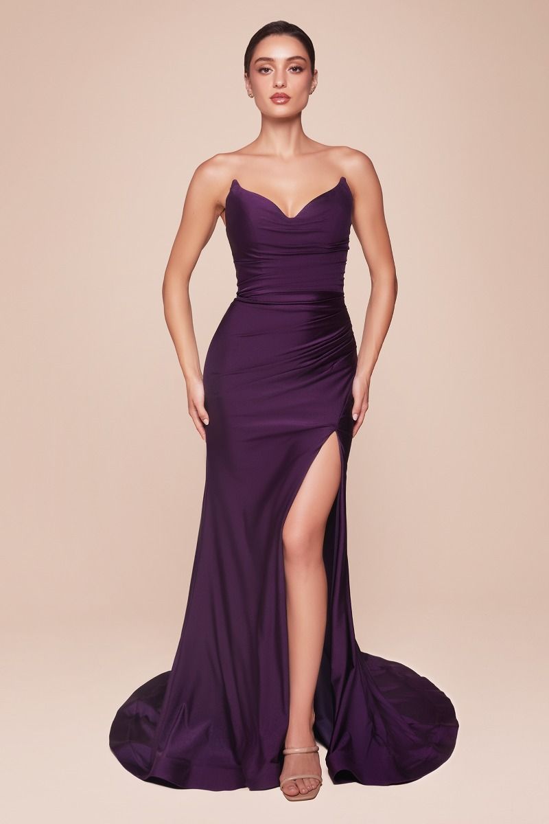 Strapless Satin Sheath Gown with Leg Slit
