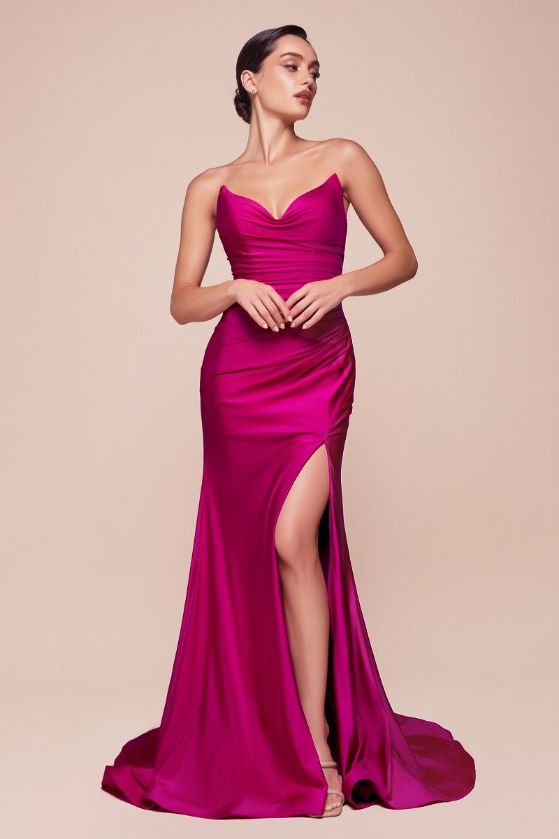 Strapless Satin Sheath Gown with Leg Slit