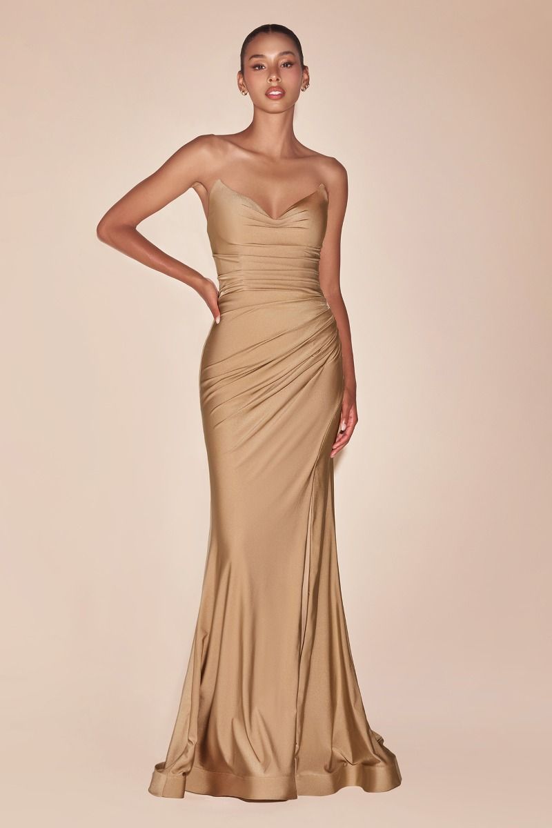 Strapless Satin Sheath Gown with Leg Slit