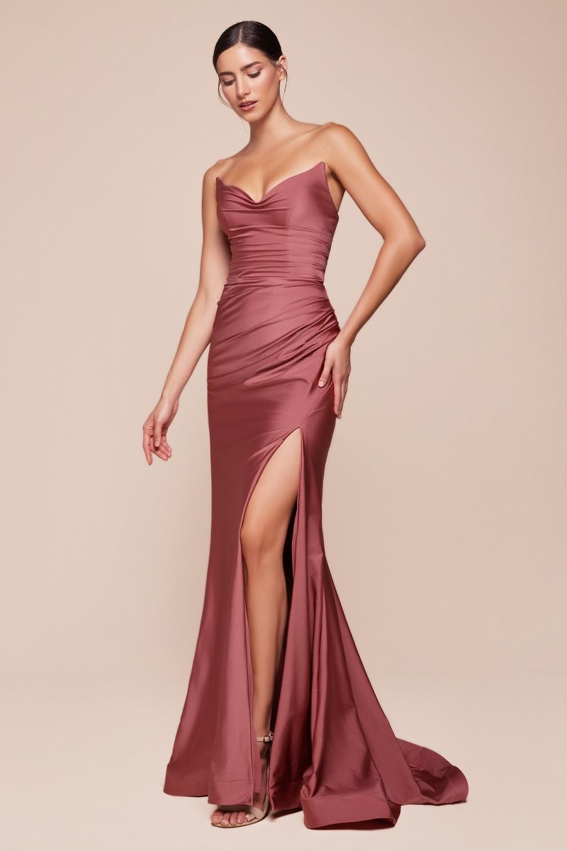 Strapless Satin Sheath Gown with Leg Slit