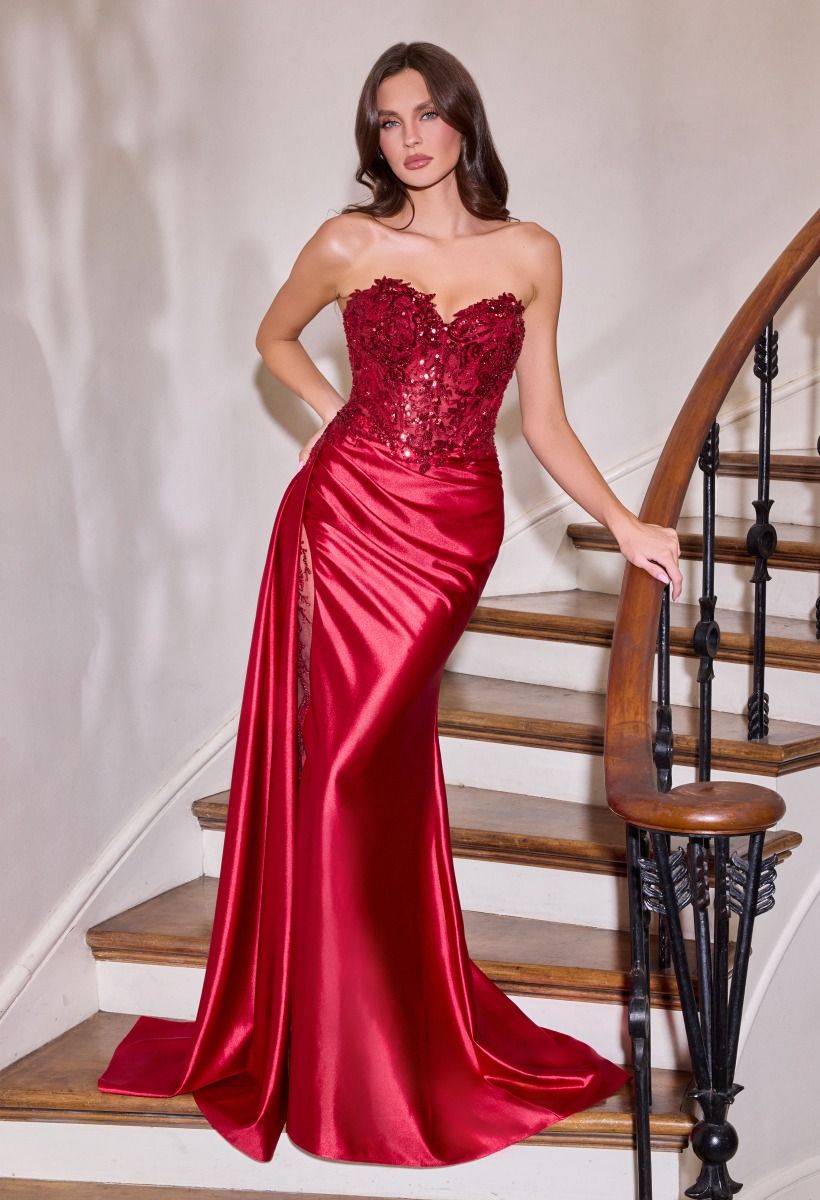 Sequin Corset Bodice Graduation Gown with Side Drape
