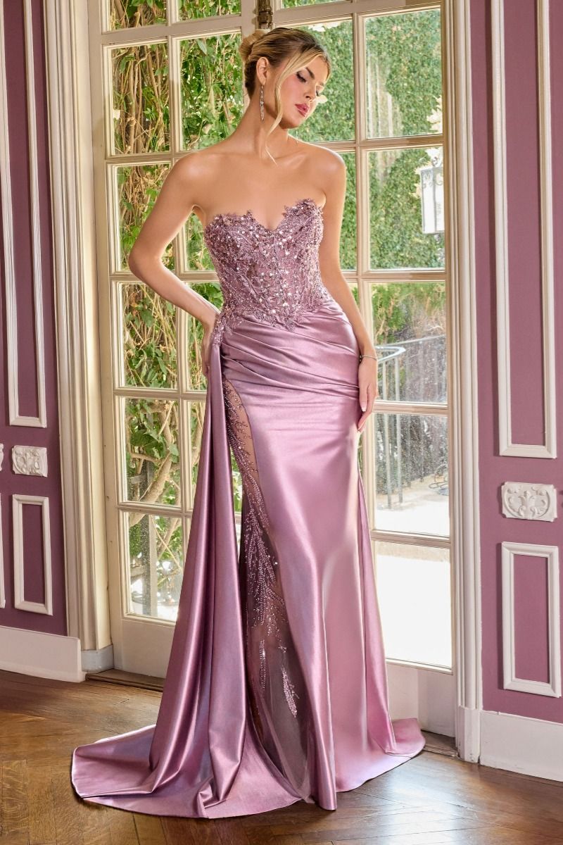 Sequin Corset Bodice Graduation Gown with Side Drape